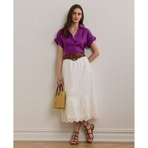 Lauren Ralph Lauren Women's Eyelet Cotton Broadcloth Midi Skirt White Size 6